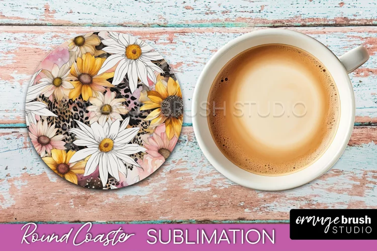 Watercolor Flowers Round Coaster - Floral Pink Sublimation