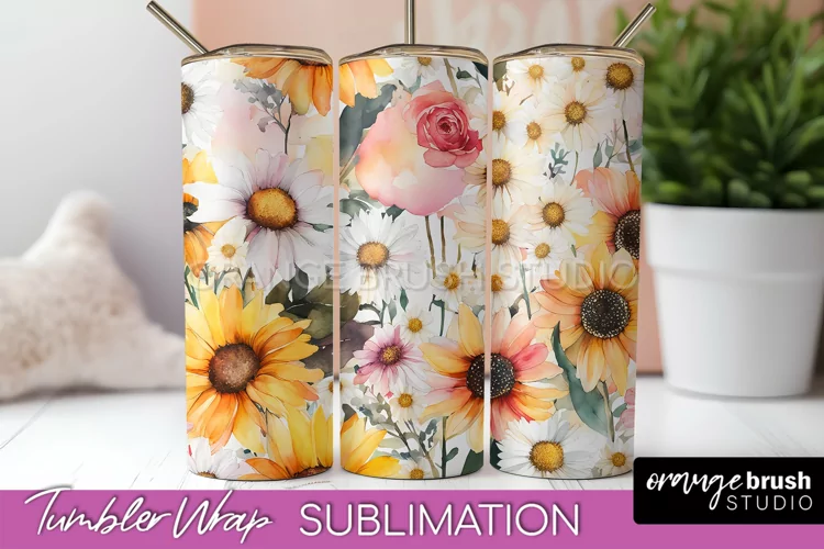 Floral Tumbler Wrap - Pink Flowers Watercolor Tumbler PNG