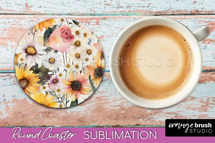 Watercolor Flowers Round Coaster - Floral Pink Sublimation