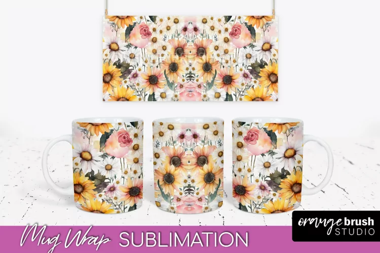 Pink Watercolor Flowers Mug Wrap - Floral Mug Sublimation