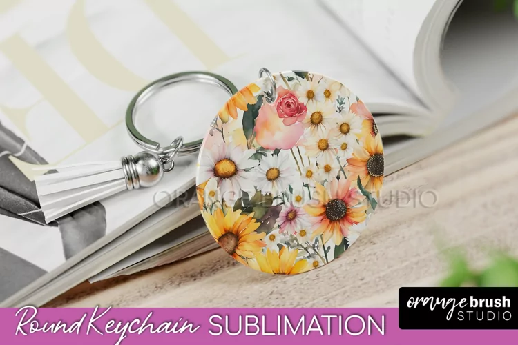 Pink Flowers Keychain, Floral Keychain Sublimation Design