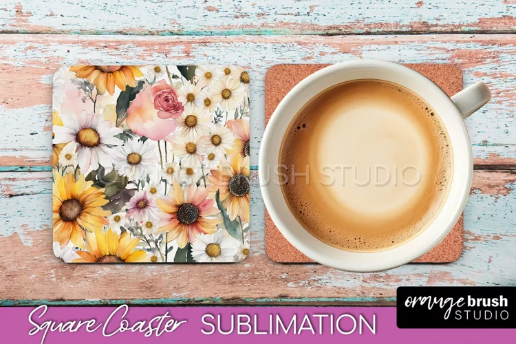 Watercolor Flowers Square Coaster - Floral Pink Sublimation
