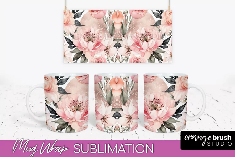 Pink Watercolor Flowers Mug Wrap - Floral Mug Sublimation