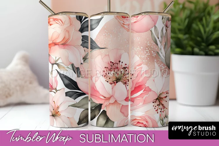 Floral Tumbler Wrap - Pink Flowers Watercolor Tumbler PNG