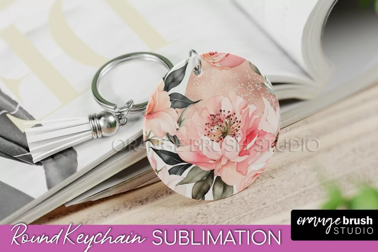 Pink Flowers Keychain, Floral Keychain Sublimation Design