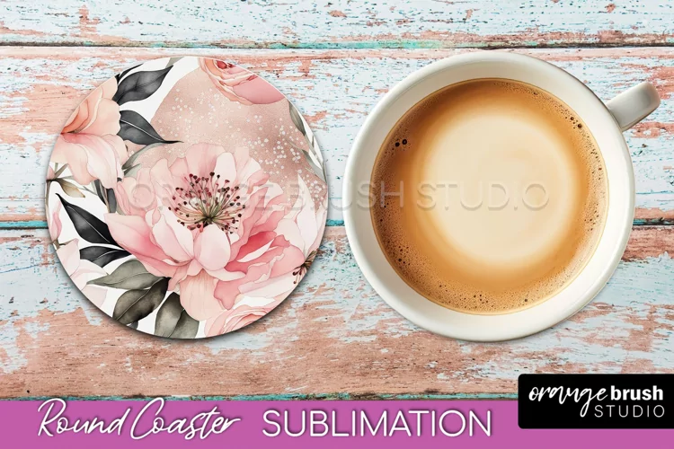 Watercolor Flowers Round Coaster - Floral Pink Sublimation