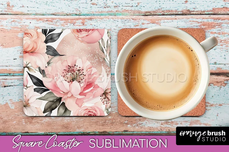 Watercolor Flowers Square Coaster - Floral Pink Sublimation