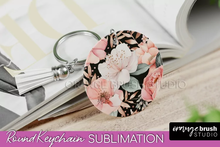 Pink Flowers Keychain, Floral Keychain Sublimation Design