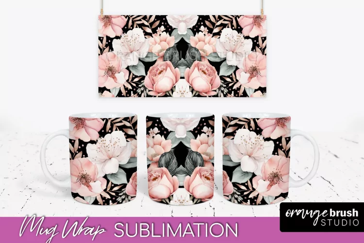 Pink Watercolor Flowers Mug Wrap - Floral Mug Sublimation