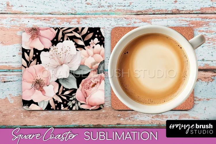 Watercolor Flowers Square Coaster - Floral Pink Sublimation
