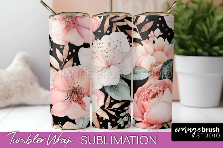 Floral Tumbler Wrap - Pink Flowers Watercolor Tumbler PNG
