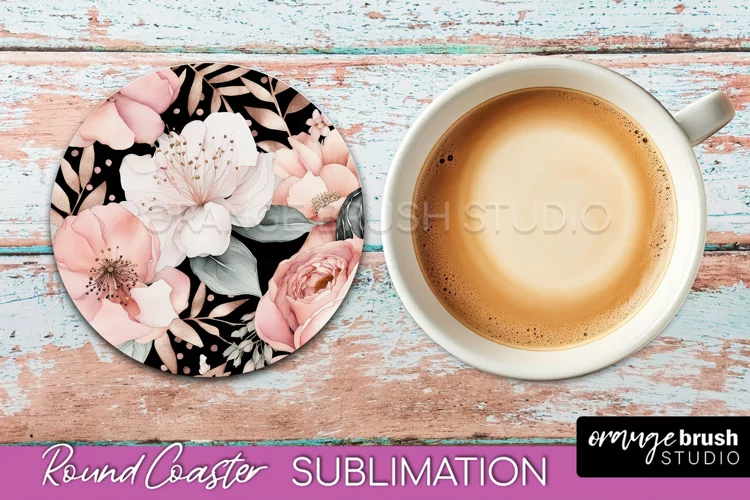 Watercolor Flowers Round Coaster - Floral Pink Sublimation