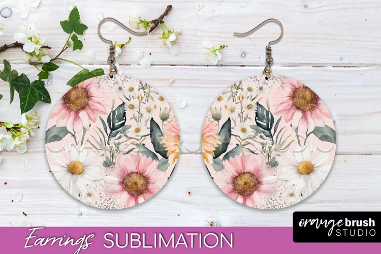 Watercolor Flowers Earrings, Pink Floral Earring Sublimation