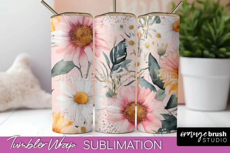 Floral Tumbler Wrap - Pink Flowers Watercolor Tumbler PNG