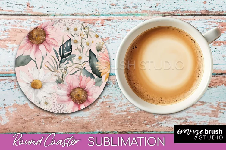 Watercolor Flowers Round Coaster - Floral Pink Sublimation