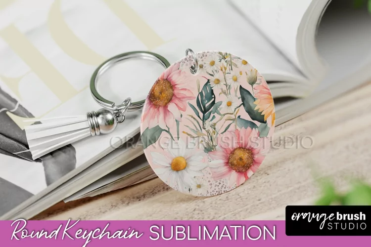 Pink Flowers Keychain, Floral Keychain Sublimation Design