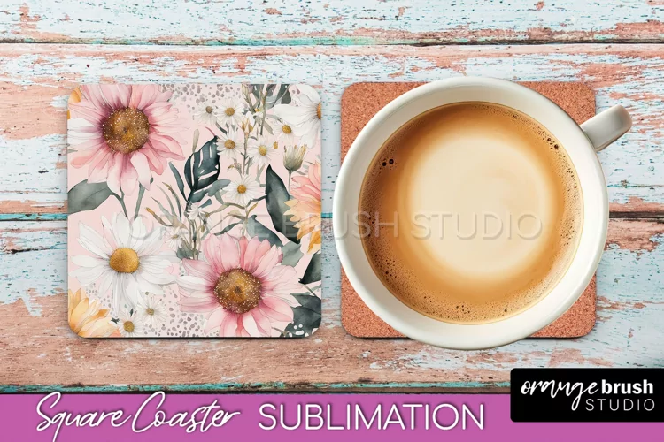 Watercolor Flowers Square Coaster - Floral Pink Sublimation