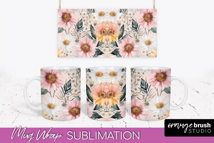 Pink Watercolor Flowers Mug Wrap - Floral Mug Sublimation