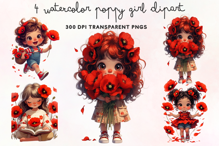 Watercolor Poppy Girl Clipart PNG