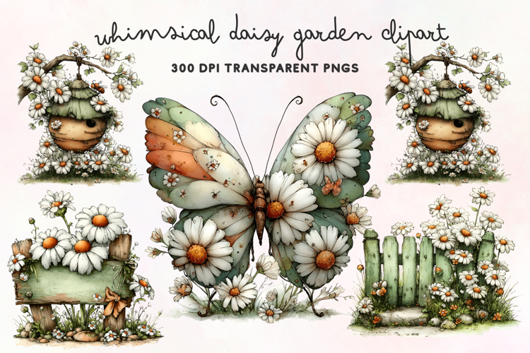 Whimsical Daisy Garden Clipart PNG example image 1
