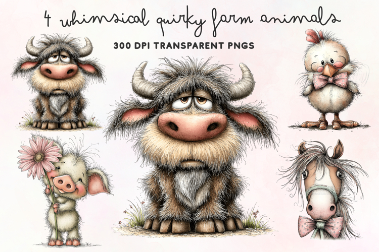 Whimsical Quirky Farm Animals Clipart PNG