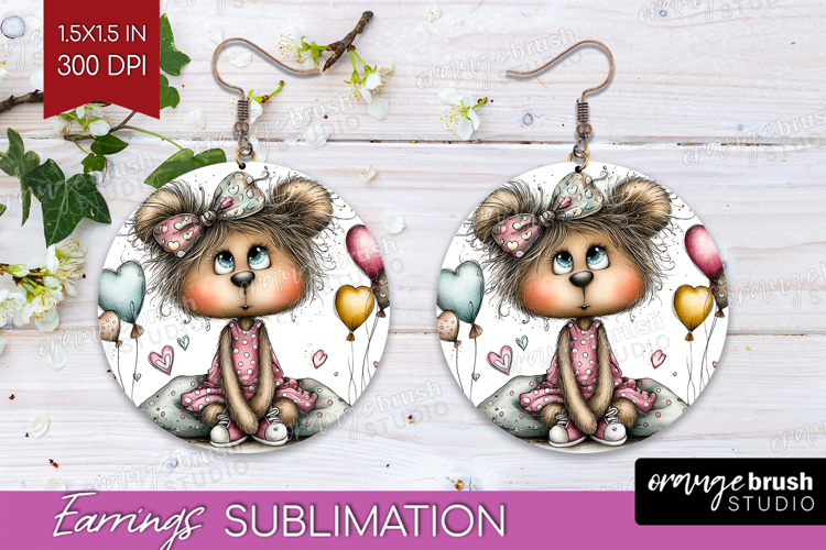 Valentine Round Earrings - Whimsical Animal PNG Sublimation