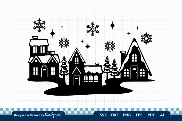 Winter Village Decal SVG | Snowy Christmas Scene Cut File