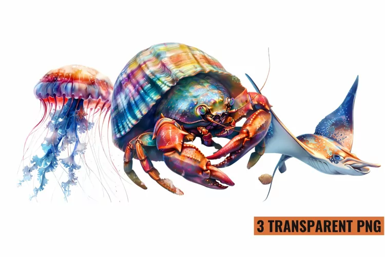 Watercolor Sea Animals Clipart , PNG