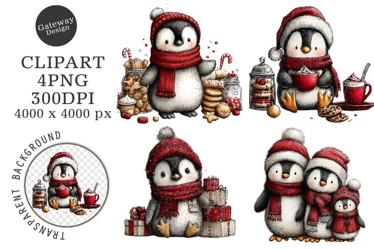 Watercolor Christmas Penguin Clipart example image 1