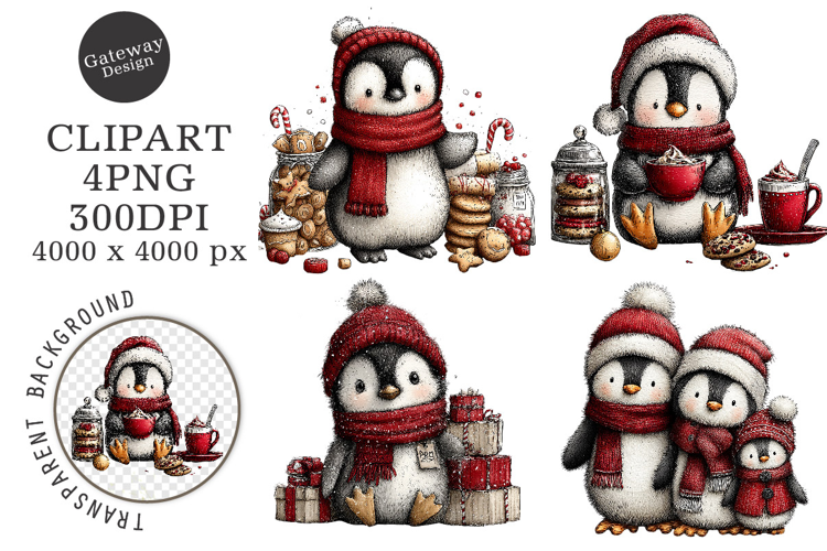Watercolor Christmas Penguin Clipart