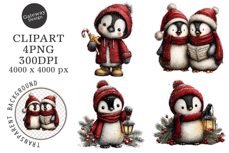 Watercolor Christmas Penguin Clipart