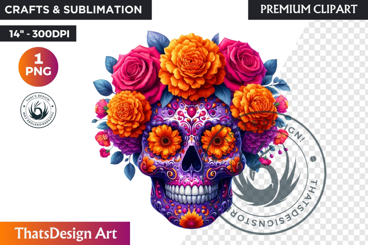 Floral Sugar Skull Day of the Dead Clipart, dia de muertos