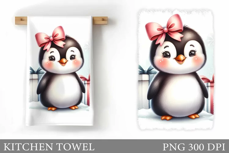 Cute Penguin Kitchen Towel. Christmas Kitchen Towel Design
