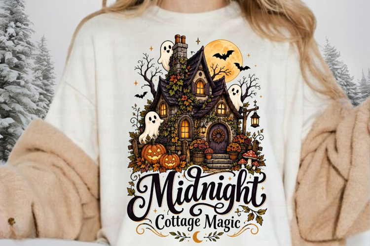 Midnight Cottage Magic PNG Sublimation Design - Cute Ghost