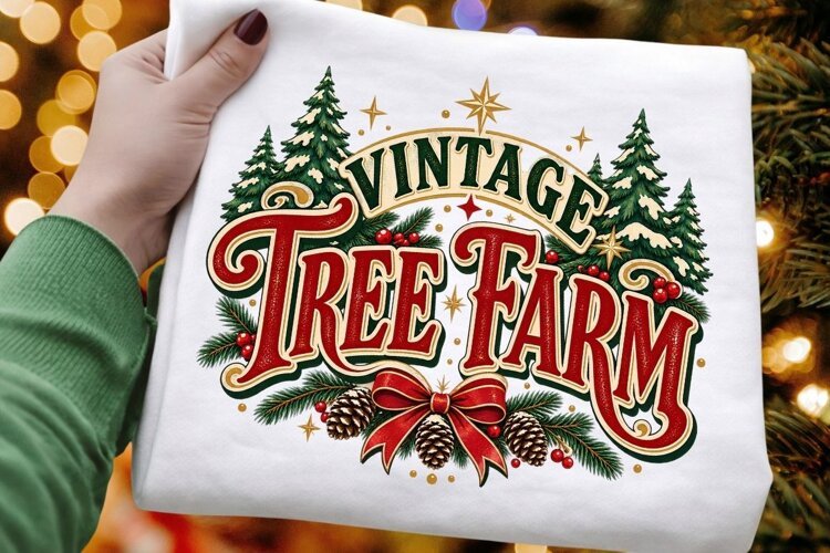 Vintage Tree Farm Christmas PNG - Retro Pines & Ribbon example image 1