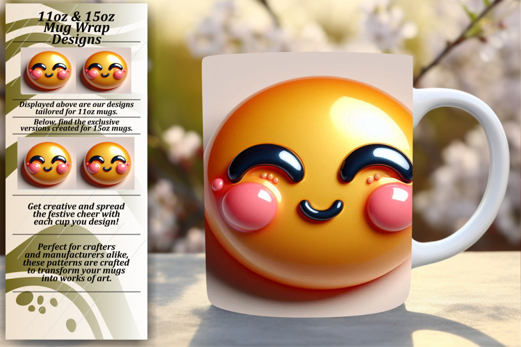 Whimsical 15oz Mug Wrap Png Template , 3D Emoji