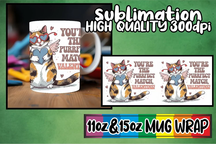 Cheerful smiles 11oz 15oz sublimation wrap, Valentines Cat