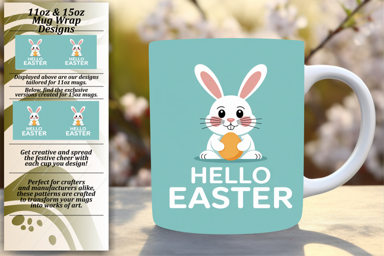 Floral 15oz Mug Wrap Png Design , Easter Bunny