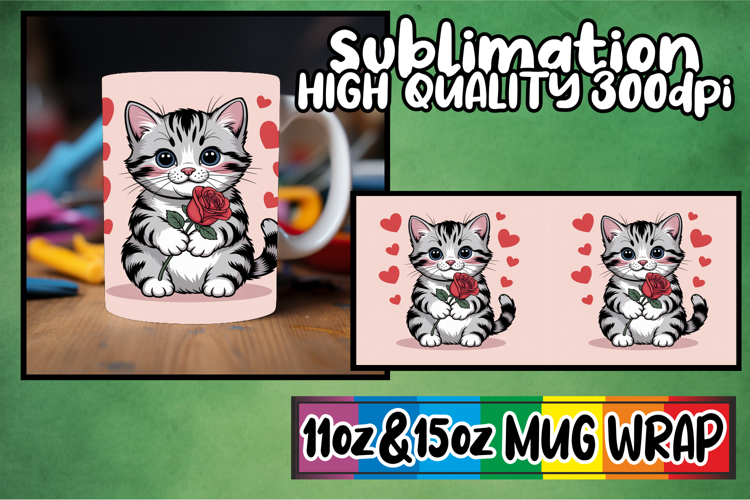 Bright smiles sublimation mug wrap, Valentines Cat