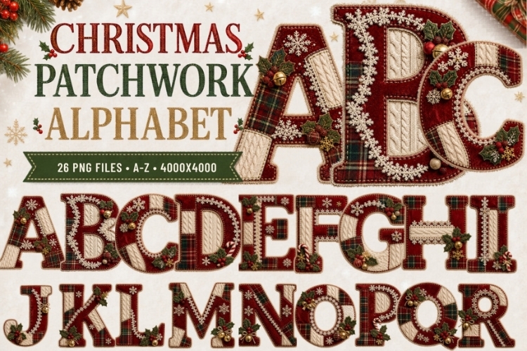 Christmas Patchwork Alphabet PNG, Plaid Fabric Letter