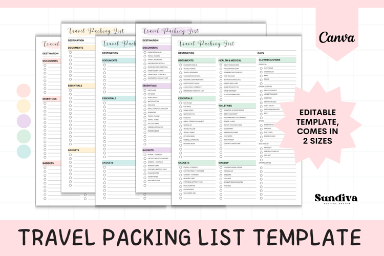Travel Packing List Editable Template 4 | Travel Planner