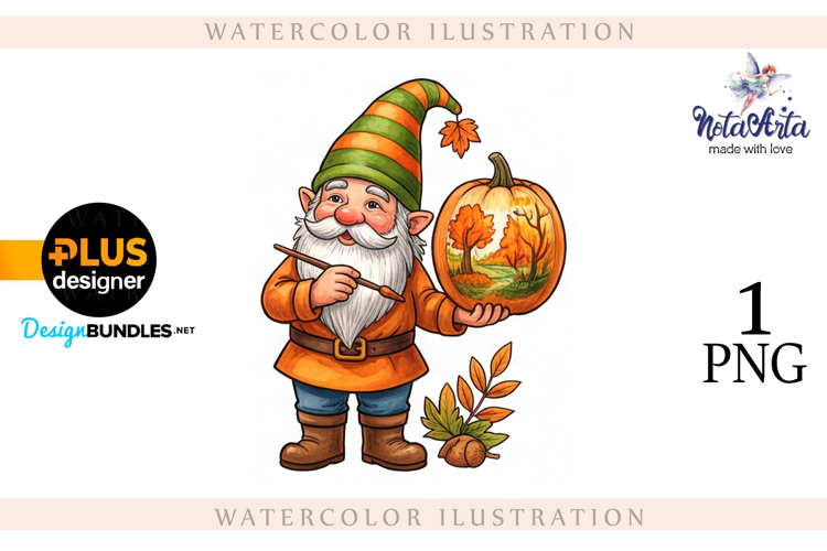Gnomes with Pumpkin Harvest in Watercolor Style
