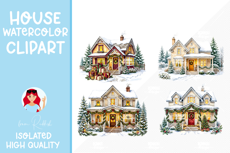 4 Cozy Watercolor House Clipart