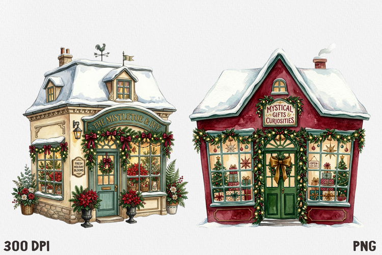 Christmas Village Watercolor Clipart PNG, Whimsical Holiday