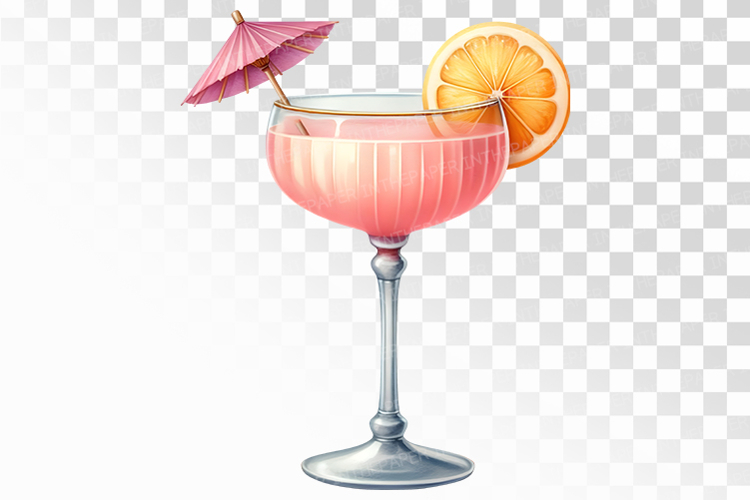 Watercolor Pink Cocktail in Stemmed Glass with Orange Slice