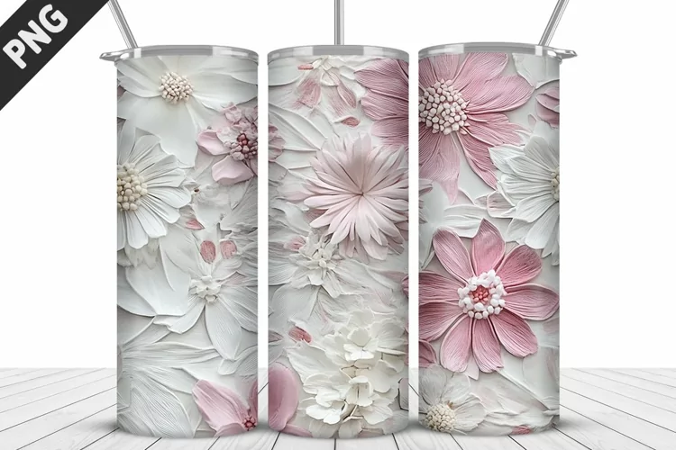 3D White Flowers Tumbler Wrap | Sublimation Design | Tumbler