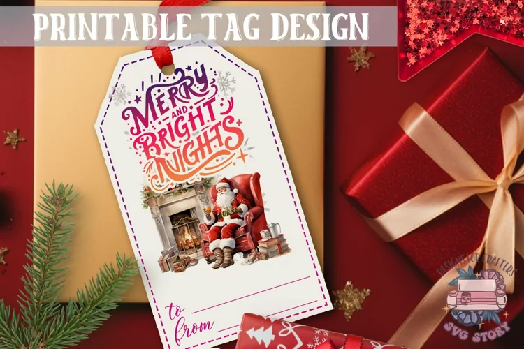 Watercolor Christmas Gift Tag Merry and Bright Ornaments PNG