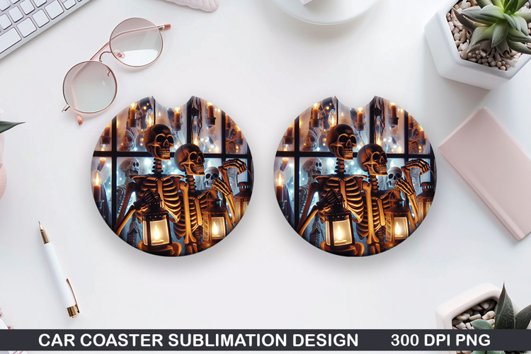 Skeletons Car coaster sublimation, Halloween Coaster PNG