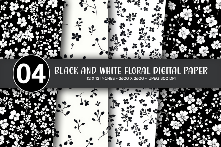 Black and White Floral Digital Paper