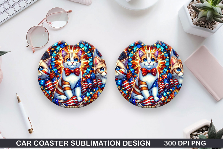Cat Car Coaster Sublimation, 4th Of July Coaster PNG Design
